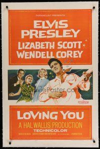 9f202 LOVING YOU linen 1sh '57 Elvis Presley, Lizabeth Scott, Wendell Corey & Dolores Hart!