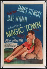 9f203 MAGIC TOWN linen 1sh '47 romantic close up of pollster James Stewart & pretty Jane Wyman!