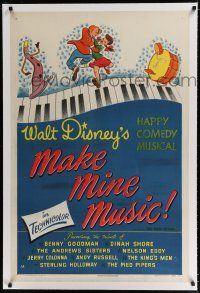 9f205 MAKE MINE MUSIC linen 1sh '46 Walt Disney full-length feature cartoon, musical piano art!