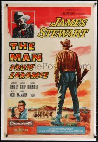 9f207 MAN FROM LARAMIE linen 1sh '55 three images of James Stewart, directed by Anthony Mann!