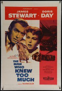 9f209 MAN WHO KNEW TOO MUCH linen 1sh '56 James Stewart & Doris Day, directed by Alfred Hitchcock!