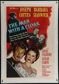 9f210 MAN WITH A CLOAK linen 1sh '51 what strange hold did he have over Barbara Stanwyck & Cotten!