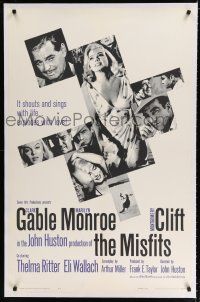 9f222 MISFITS linen 1sh '61 sexy Marilyn Monroe, Clark Gable, Montgomery Clift, John Huston directed