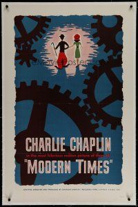 9f225 MODERN TIMES linen 1sh R59 great Henry Cerutti artwork of Charlie Chaplin & Goddard with gears!