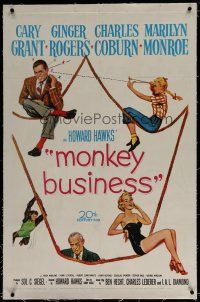 9f227 MONKEY BUSINESS linen 1sh '52 Cary Grant, Ginger Rogers, sexy Marilyn Monroe, Charles Coburn