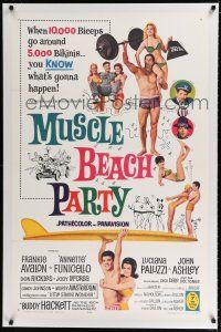 9f230 MUSCLE BEACH PARTY linen 1sh '64 Frankie & Annette, 10,000 biceps & 5,000 bikinis!