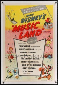 9f232 MUSIC LAND linen 1sh '55 Walt Disney, cartoon art of Donald Duck, Joe Carioca & more!