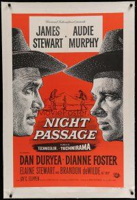 9f237 NIGHT PASSAGE linen 1sh '57 no one could stop showdown between Jimmy Stewart & Audie Murphy!