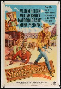 9f322 STREETS OF LAREDO linen 1sh '49 art of smoking cowboy William Holden, Bendix, Carey, Freeman!