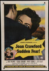 9f323 SUDDEN FEAR linen style B 1sh '52 great close up of terrified Joan Crawford, Jack Palance