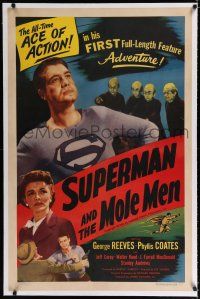 9f326 SUPERMAN & THE MOLE MEN linen 1sh '51 George Reeves in his 1st full-length feature adventure!