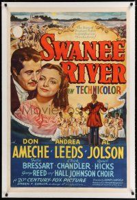 9f329 SWANEE RIVER linen style B 1sh '39 art of Don Ameche, Andrea Leeds & blackface Al Jolson!