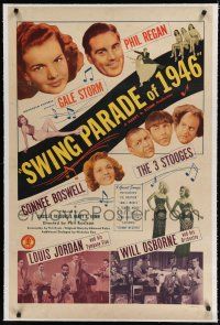 9f331 SWING PARADE OF 1946 linen 1sh '45 Three Stooges with Curly, Louis Jourdan, Gale Storm, Regan