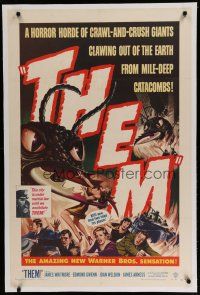 9f338 THEM linen 1sh '54 classic sci-fi, cool art of horror horde of giant bugs terrorizing people!