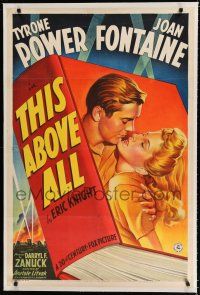 9f339 THIS ABOVE ALL linen style B 1sh '42 stone litho of Tyrone Power about to kiss Joan Fontaine!