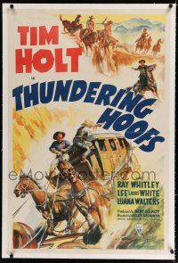 9f347 THUNDERING HOOFS linen 1sh '41 cool art of cowboy Tim Holt on horse chasing stagecoach!