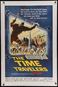 9f349 TIME TRAVELERS linen 1sh '64 cool Reynold Brown sci-fi art of the crack in space and time!