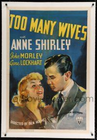9f353 TOO MANY WIVES linen 1sh '37 artwork of pretty Anne Shirley smiling at John Morley!