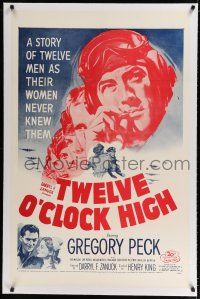 9f357 TWELVE O'CLOCK HIGH linen 1sh R55 cool artwork of smoking World War II pilot Gregory Peck!