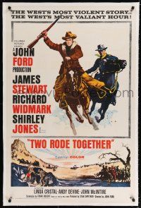 9f359 TWO RODE TOGETHER linen 1sh '61 John Ford, art of James Stewart & Richard Widmark on horses!