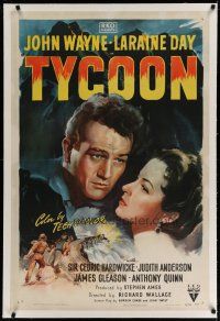 9f360 TYCOON linen 1sh '47 great close up romantic artwork of John Wayne & Laraine Day!