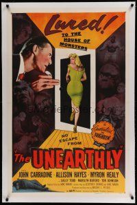 9f361 UNEARTHLY linen 1sh '57 John Carradine & sexy Sally Todd lured to the house of monsters!