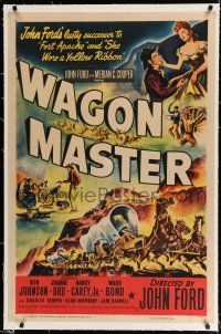 9f366 WAGON MASTER linen 1sh '50 John Ford, Ben Johnson, cool artwork of wagon train!
