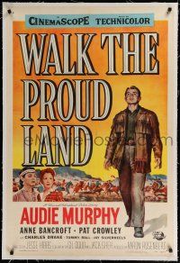 9f368 WALK THE PROUD LAND linen 1sh '56 Reynold Brown art of Audie Murphy & Anne Bancroft!