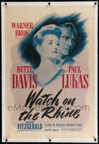 9f372 WATCH ON THE RHINE linen 1sh '43 artwork of Bette Davis & Paul Lukas, World War II Home Front!