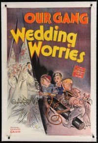 9f374 WEDDING WORRIES linen signed 1sh '41 by Spanky McFarland, who's with Bobby Blake & Buckwheat!