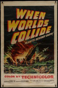 9f377 WHEN WORLDS COLLIDE linen 1sh '51 George Pal classic doomsday thriller, great artwork!