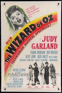 9f383 WIZARD OF OZ linen 1sh R49 very first re-release, close up of Judy Garland + with co-stars!