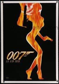 9f384 WORLD IS NOT ENOUGH linen teaser 1sh '99 James Bond, cool flaming silhouette of sexy girl!