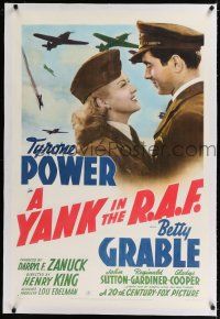 9f385 YANK IN THE R.A.F. linen B 1sh '41 c/u of smiling Tyrone Power & Betty Grable in WWII uniform!