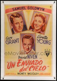 9g236 BISHOP'S WIFE linen Argentinean '48 art of Cary Grant, Loretta Young & priest David Niven!