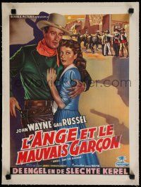 9g312 ANGEL & THE BADMAN linen Belgian '50 great art of cowboy John Wayne & pretty Gail Russell!