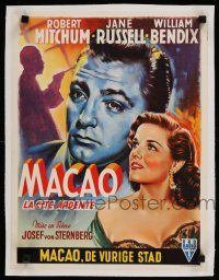9g341 MACAO linen Belgian '52 Josef von Sternberg, different art of Mitchum & sexy Jane Russell!