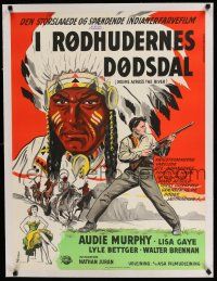 9g113 DRUMS ACROSS THE RIVER linen Danish '54 Wenzel art of Audie Murphy & Native American Indian!