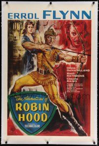 9g132 ADVENTURES OF ROBIN HOOD linen English 1sh R50s Errol Flynn, Olivia De Havilland, different!