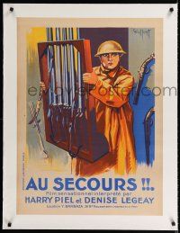 9g146 AU SECOURS linen French 23x32 '25 art of soldier Harry Piel carrying gun rack by Gaillant!