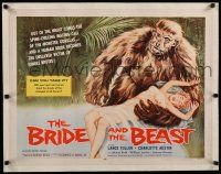 9g073 BRIDE & THE BEAST linen 1/2sh '58 Ed Wood classic, wacky art of huge ape holding sexy girl!