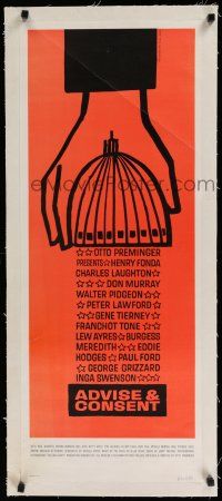 9g040 ADVISE & CONSENT linen insert '62 Otto Preminger, classic Saul Bass Washington Capitol art!