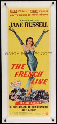9g048 FRENCH LINE linen insert '54 Howard Hughes, full-length art of sexy Jane Russell!