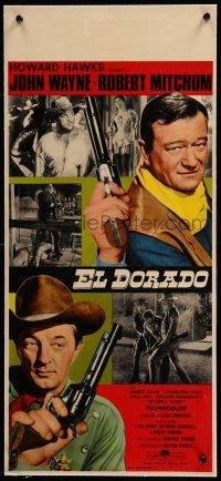 9g264 EL DORADO linen Italian locandina '67 John Wayne, Robert Mitchum, different cowboy montage!