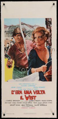 9g267 ONCE UPON A TIME IN THE WEST linen Italian locandina '68 Bronson & sexy Claudia Cardinale!