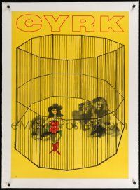 9g222 CYRK linen Polish 27x38 circus poster '65 cool artwork of female lion tamer by Swierzy!