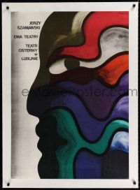 9g226 DWA TEATRY linen stage play Polish 27x38 '73 Jerzy Szaniawski, colorful Jan Lenica art!