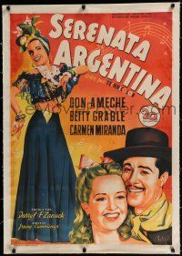 9g199 DOWN ARGENTINE WAY linen Spanish '50 Soligo art of Don Ameche, Betty Grable & Carmen Miranda!