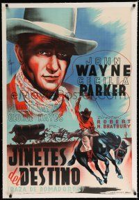 9g208 RIDERS OF DESTINY linen Spanish '33 different Chapi art of John Wayne close up & on horse!