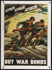 9g012 ATTACK ATTACK ATTACK linen 28x40 WWII war poster '42 cool Warren art of soldiers advancing!